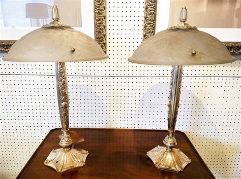 TABLE LAMPS, a pair, Art Deco, circa 1920, silver plate with frosted glass shades, 56cm H. (2)