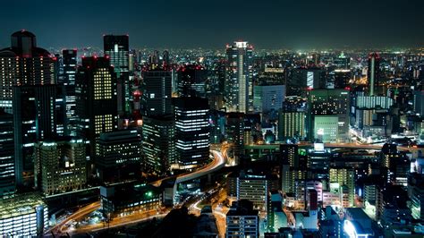 illuminated, japan, urban skyline, downtown, cityscape, high angle view ...