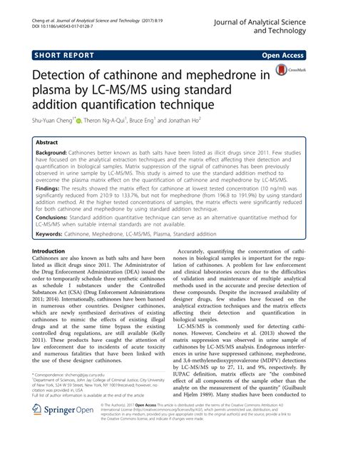 (PDF) Detection of cathinone and mephedrone in plasma by LC-MS/MS using standard addition ...