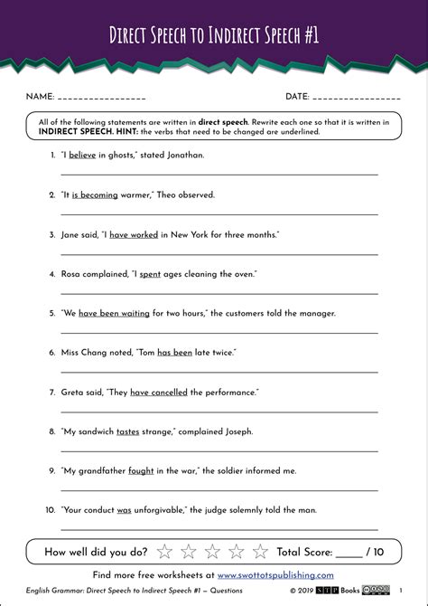 Direct And Indirect Speech Worksheets With Answers