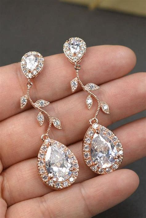 Rose gold Crystal Bridal earrings Wedding jewelry set Wedding Bridal jewelry chandelier dangle ...