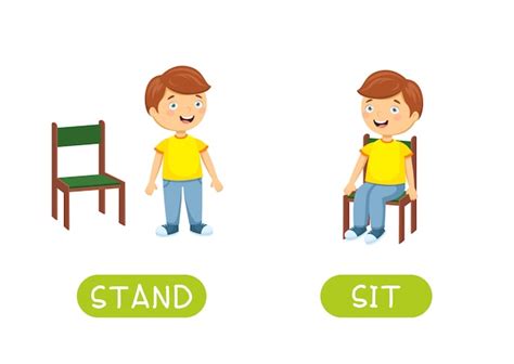 Premium Vector | antonyms and opposites stand and sit. Cartoon characters illustration on white