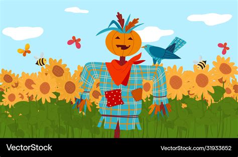 Scarecrow in front sunflower field autumn Vector Image