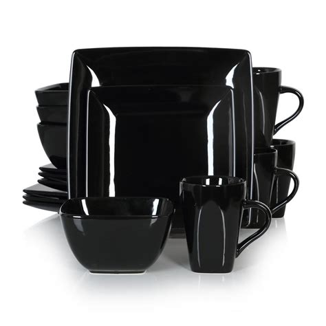 vancasso Series Soho 16-Piece Black Modern Porcelain Dinnerware Sets Square Dinner Plate Bowls ...