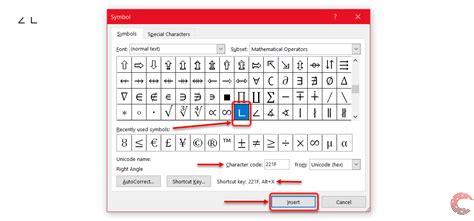 How to insert the 'angle' symbol in Word?