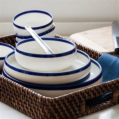 Aliexpress.com : Buy 20pcs/set chinabone blue edge Ceramic bowl plates dinnerware sets ...