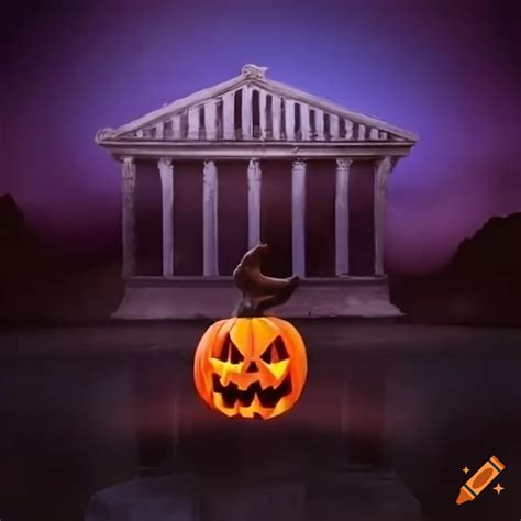 Spooky halloween scene with a glowing pumpkin head and ancient roman temple