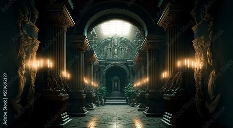 A realistic fantasy interior of the palace. Dark castle interior ...