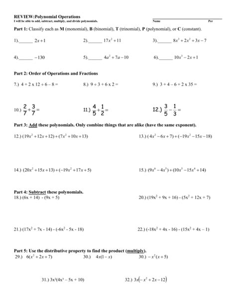 Intro To Polynomials Worksheet