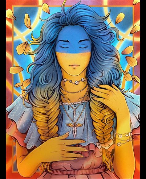a painting of a woman with blue hair holding her hands to her chest and looking down