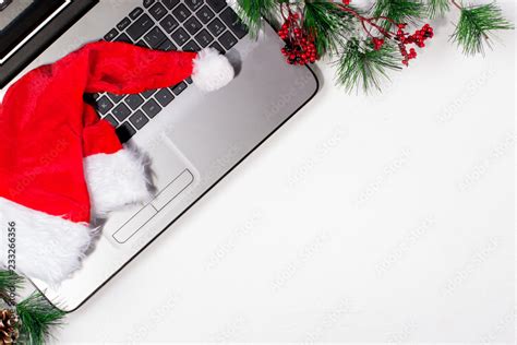 Office table with computer. Christmas background Stock Photo | Adobe Stock