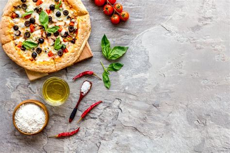 Traditional Italian Food: Pizza On Grey Background Top View Copy Space Stock Image - Image of ...