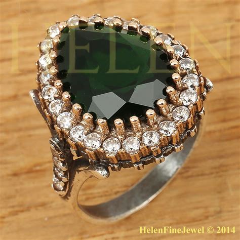 Hurrem Sultan Ring Replica Drop Shape Emerald Color Look Ottoman Silver ...