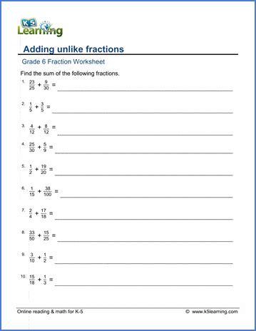 Grade 6 Math Worksheets: Adding unlike fractions (large denominators) | K5 Learning