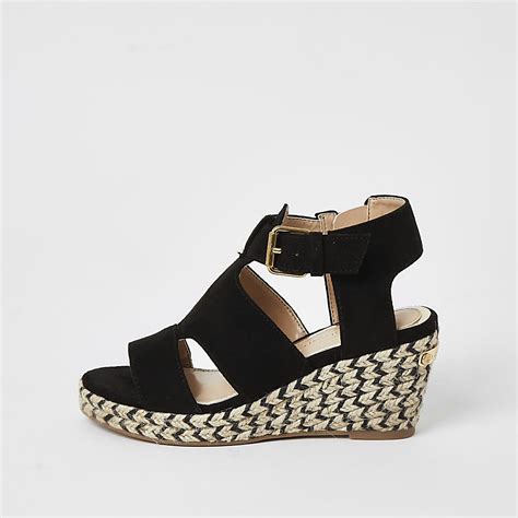 Girls black strappy wedge sandals | River Island