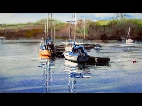 Watercolor painting boats and reflections - YouTube