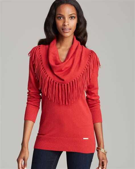 MICHAEL Michael Kors Fringe Cowl Neck Sweater in Red - Lyst