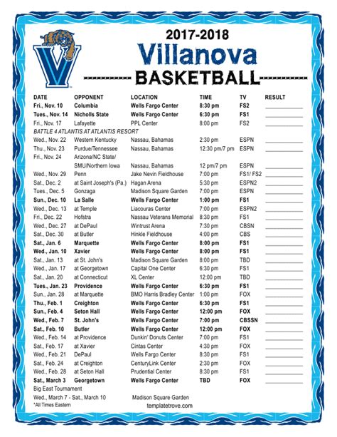 Printable 2017-2018 Villanova Wildcats Basketball Schedule