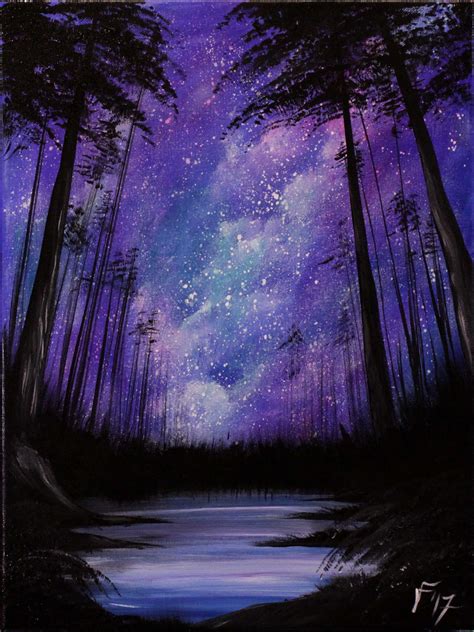 Starry Night in the Forest | Silhouette painting, Purple painting, Night sky painting