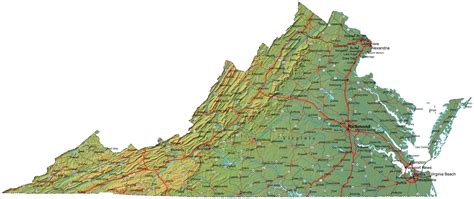 Virginia State Map Plus Terrain With Cities And Roads Map Resources ...