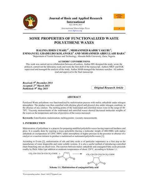 (PDF) SOME PROPERTIES OF FUNCTIONALIZED WASTE POLYETHENE WAXES