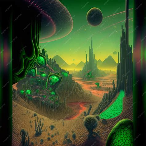 Premium AI Image | green alien planet landscape psychedelic concept art