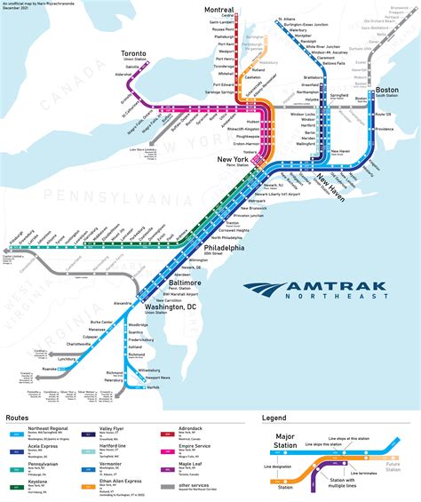 [OC] Amtrak Northeast - A map of all Amtrak services which either run along or have a stop on ...