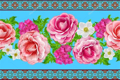 Horizontal floral border. Pattern, seamless. Flower garland of roses, camellia and delicate ...