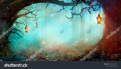 Halloween Background Lanterns Dark Forest Spooky Stock Photo 1496775737 | Shutterstock