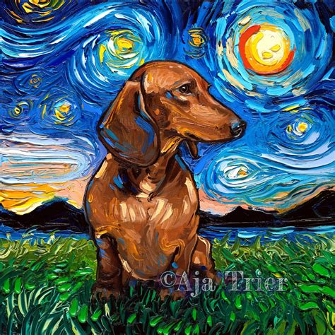 Brown Short haired Dachshund Art Starry Night Art Print dog - Etsy Polska