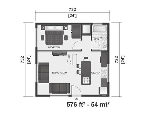 Small House Plan, 1 Bedroom Home Plan, 24x24 Floor Plan, Tiny House ...