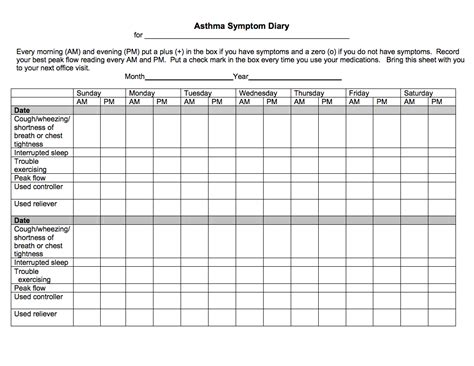 Peak Flow Diary Printable | Example Calendar Printable