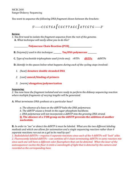 Sanger Sequencing Worksheet Key(1) - Sanger/Dideoxy Sequencing You want to sequence the ...