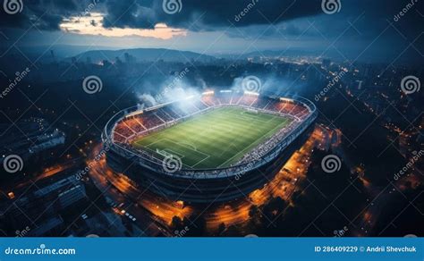 Aerial View of a Football Stadium at Night with Lights and Smoke Stock ...