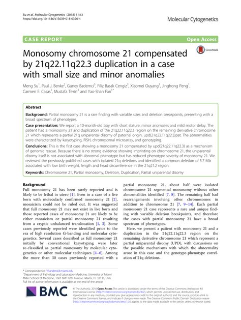 (PDF) Monosomy chromosome 21 compensated by 21q22.11q22.3 duplication ...