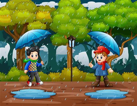 Premium Vector | Rainy season with two boys carrying umbrella in the park illustration