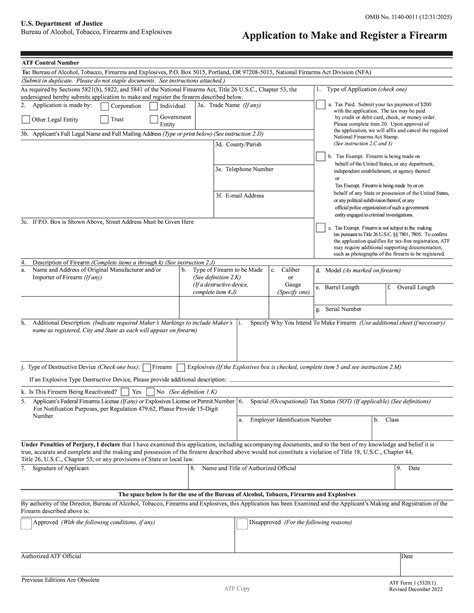 ATF Form 1. Application to Make and Register a Firearm (ATF Form 5320.1 ...