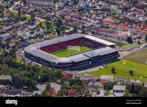 BERGEN, NORWAY - Aerial view of Brann Stadion, a football stadium, and neighborhood Stock Photo ...