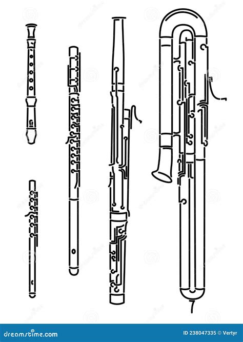 Set of Vector Images of Different Types of Woodwind Instrument Drawn by Lines Stock Vector ...