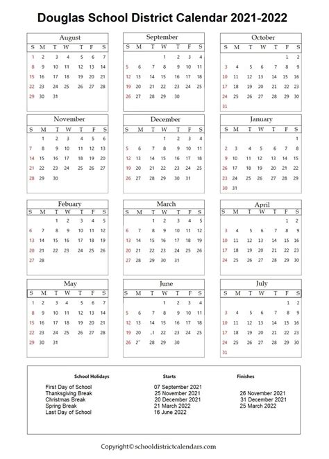 Douglas School County District 2021-2022 Calendar With Holidays