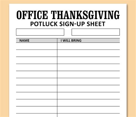 Office Thanksgiving Potluck Sign up Sheet PRINTABLE Template, Work Celebration Co-workers ...