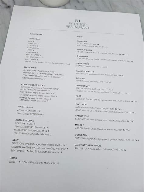 Menu at RH Rooftop Restaurant Minneapolis, Edina