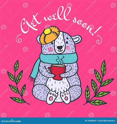 Get Well Soon Card with Teddy Bear Stock Illustration - Illustration of ...