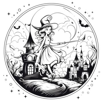 Coloring Book, Halloween Full Moon Night With Castle And Witch On Broom, Black And White, Vector ...