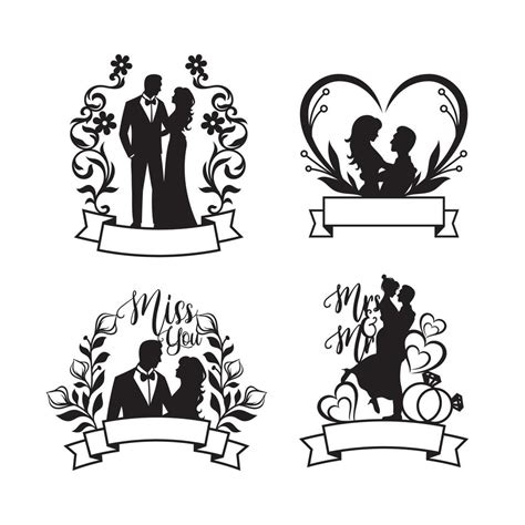 Set of bride and groom silhouette illustration, happy couple 3254250 ...