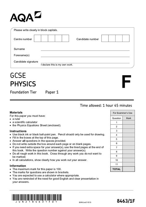 AQA GCSE PHYSICS Foundation Tier 8463/1F Paper 1 Question paper and ...
