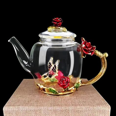 Enamel Glass Teapot Luxury Rose Crystal Glass Flower Tea Pot High Grade ...