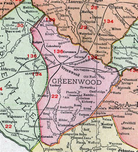 Greenwood County, South Carolina, 1911, Map, Rand McNally, Greenwood City, Ninety Six ...