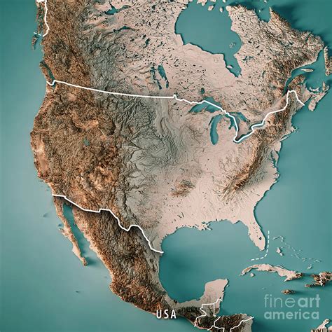 USA 3D Render Topographic Map Neutral Border Digital Art by Frank Ramspott - Pixels