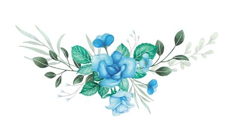 Watercolor Flowers Bouquet with Blue Roses and Green Leaves Illustration 11098197 PNG